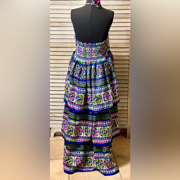 Vintage One of a Kind Geometric Artsy Print Ruffled Halter Backless Maxi Dress - Picture 12 of 13